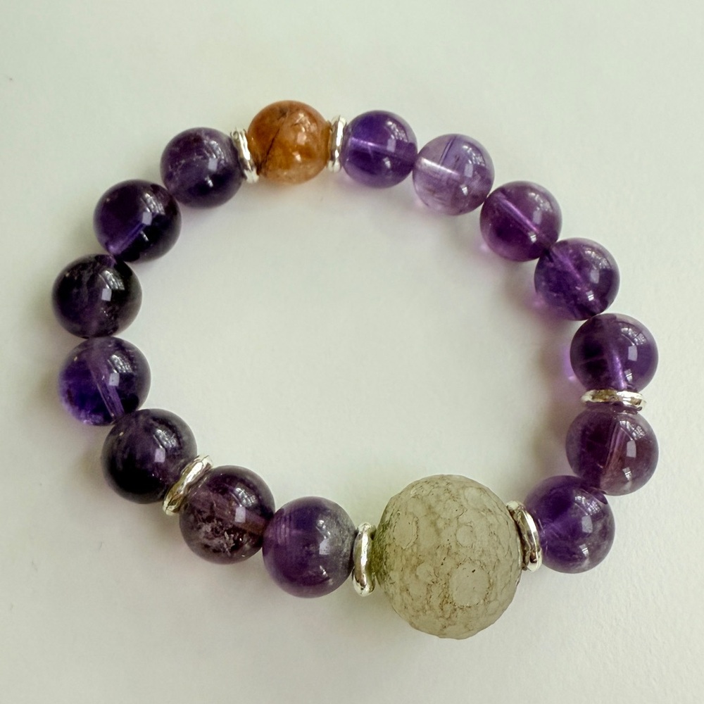 Amethyst Bracelet | Frosted Vein Agate Center | Rutilated Quartz Accent
